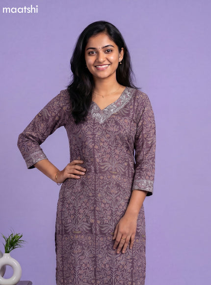Purple and Off White Kota Printed & Embroidery Work Straight Suit