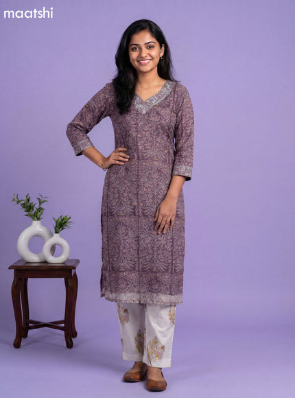 Purple and Off White Kota Printed & Embroidery Work Straight Suit