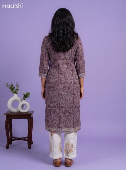 Purple and Off White Kota Printed & Embroidery Work Straight Suit