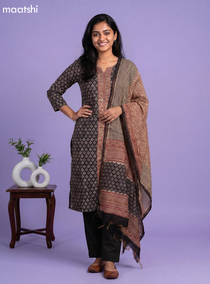 Black and Rust Shade Chanderi Allover Prints & Embroidery Work Straight Suit
