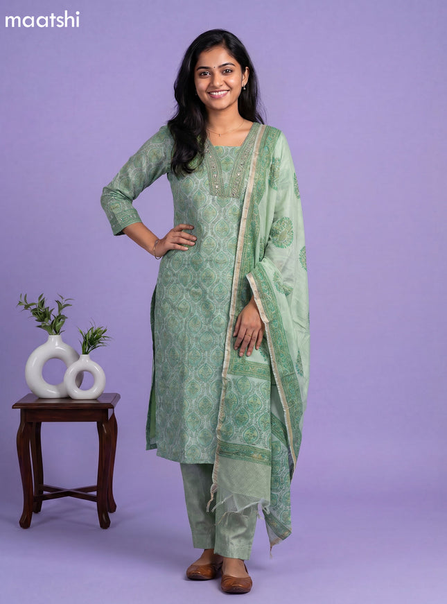 Green and Off White Chanderi Allover Prints & Embroidery Work Straight Suit