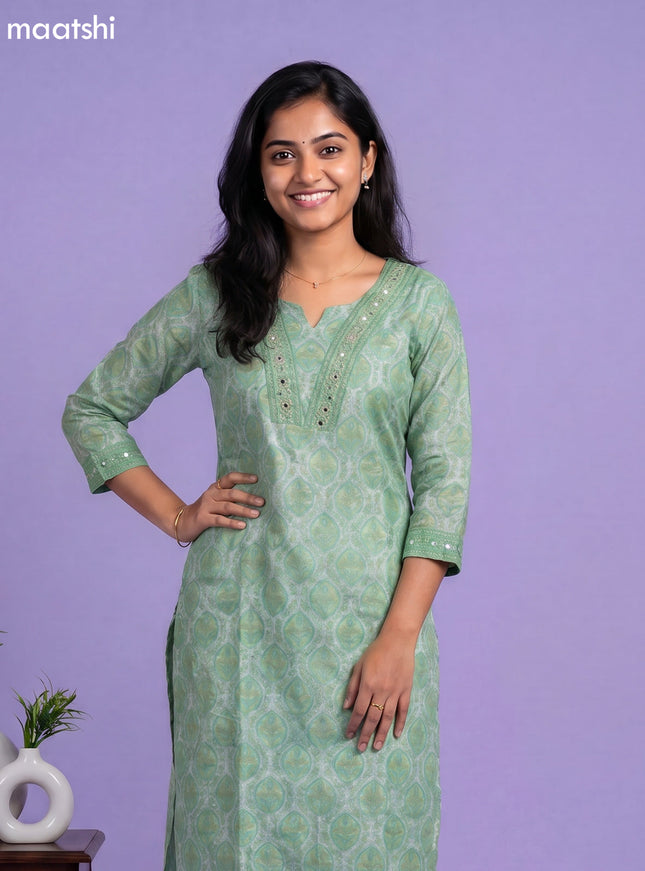 Green and Off White Chanderi Allover Prints & Embroidery Work Straight Suit