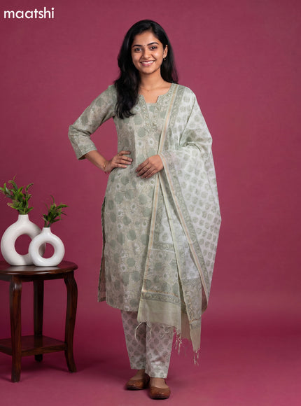 Beige and Grey Chanderi Allover Prints & Embroidery Work Straight Suit