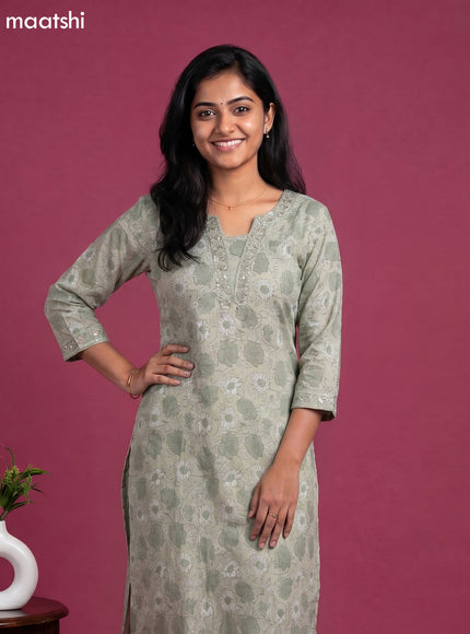 Beige and Grey Chanderi Allover Prints & Embroidery Work Straight Suit