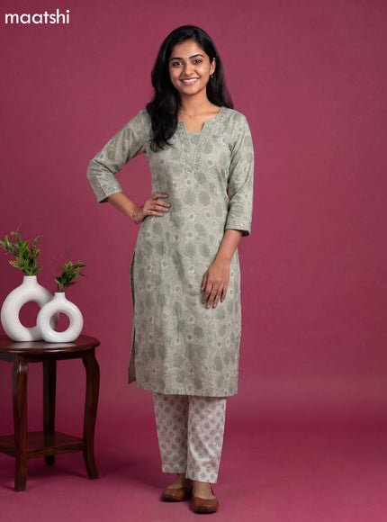 Beige and Grey Chanderi Allover Prints & Embroidery Work Straight Suit
