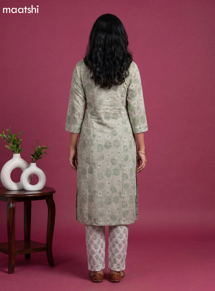 Beige and Grey Chanderi Allover Prints & Embroidery Work Straight Suit