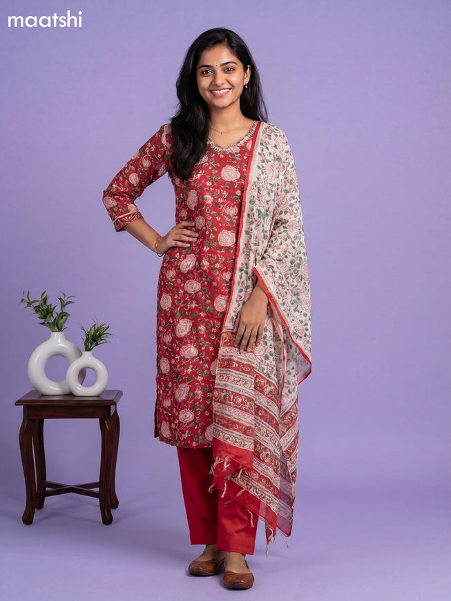 Red Chanderi Floral Printed Straight Suit