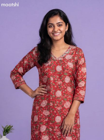 Red Chanderi Floral Printed Straight Suit