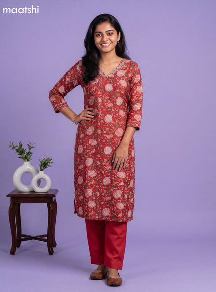 Red Chanderi Floral Printed Straight Suit