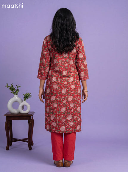 Red Chanderi Floral Printed Straight Suit