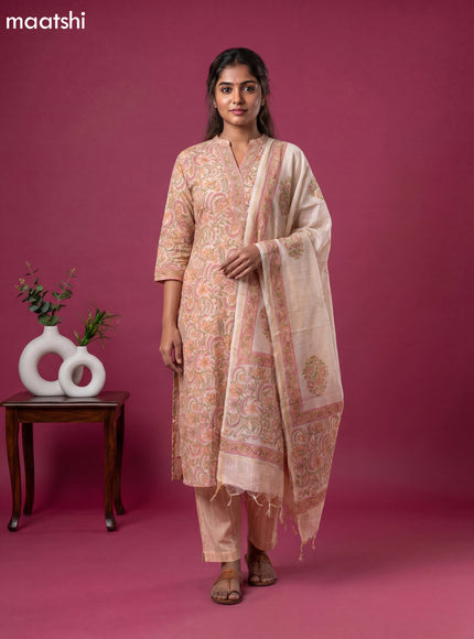 Mild Peach Chanderi Floral Printed & Simple Embroidery Work Straight Suit