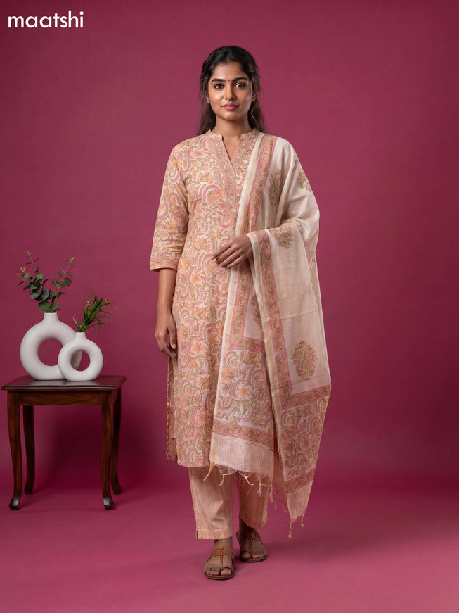 Mild Peach Chanderi Floral Printed & Simple Embroidery Work Straight Suit