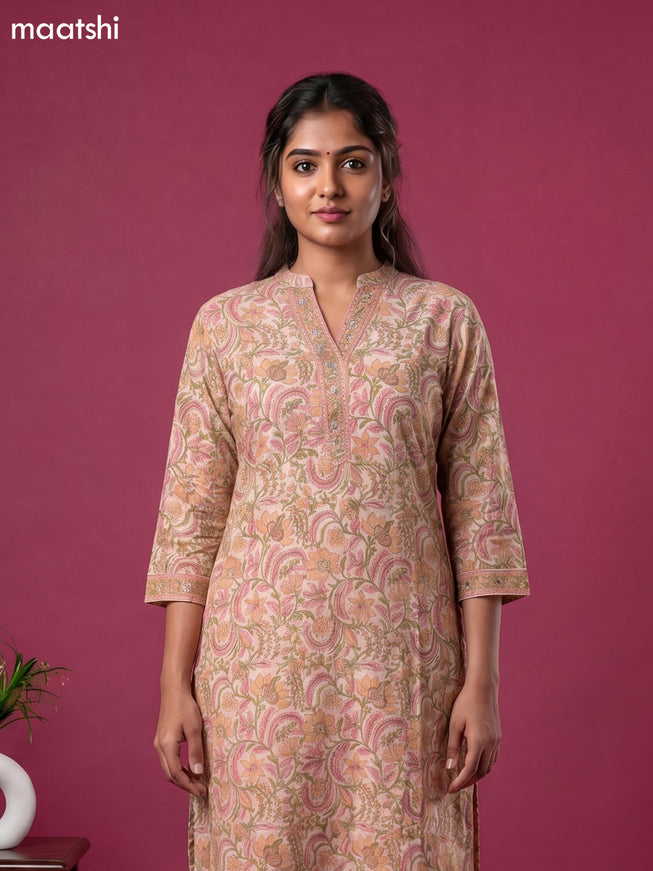 Mild Peach Chanderi Floral Printed & Simple Embroidery Work Straight Suit