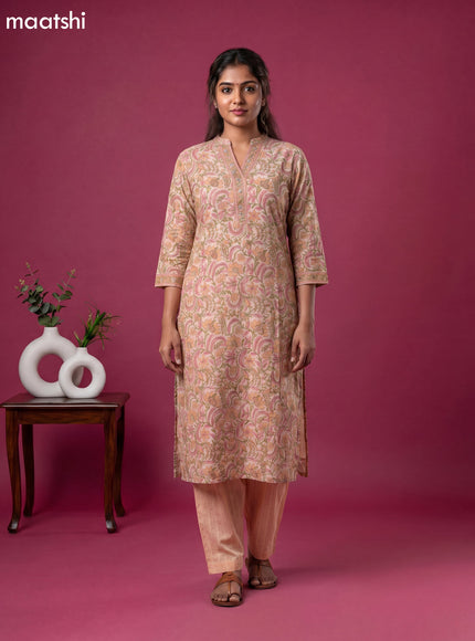 Mild Peach Chanderi Floral Printed & Simple Embroidery Work Straight Suit