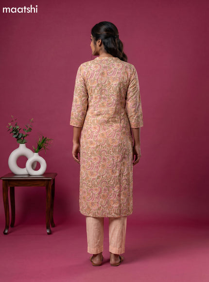 Mild Peach Chanderi Floral Printed & Simple Embroidery Work Straight Suit