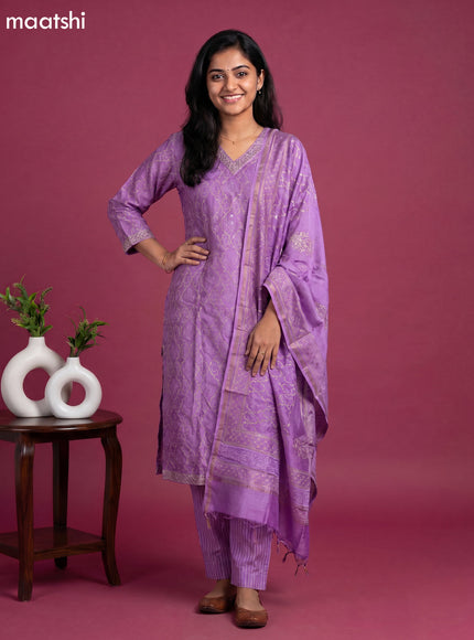 Lavender Chanderi Printed & Simple Embroidery Work Straight Suit