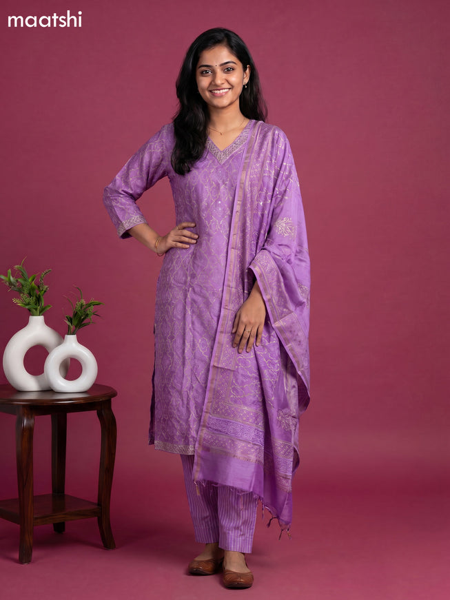 Lavender Chanderi Printed & Simple Embroidery Work Straight Suit