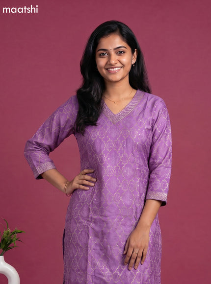Lavender Chanderi Printed & Simple Embroidery Work Straight Suit