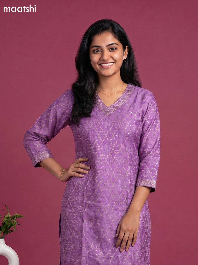 Lavender Chanderi Printed & Simple Embroidery Work Straight Suit