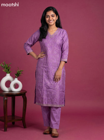 Lavender Chanderi Printed & Simple Embroidery Work Straight Suit