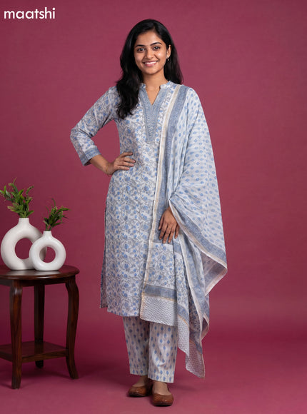 Pastel Blue Chanderi Floral Printed Straight Suit