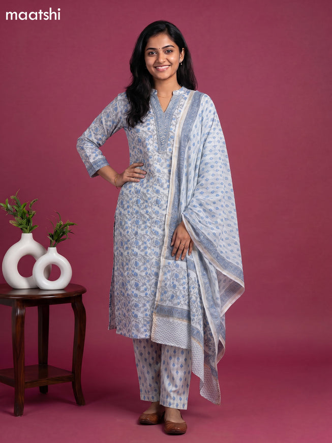 Pastel Blue Chanderi Floral Printed Straight Suit
