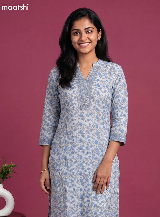 Pastel Blue Chanderi Floral Printed Straight Suit