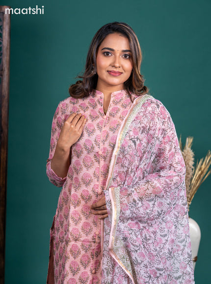 Peach Shade Kota Printed & Embroidery Work Straight Suit