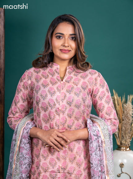 Peach Shade Kota Printed & Embroidery Work Straight Suit