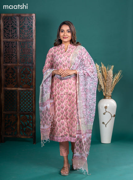 Peach Shade Kota Printed & Embroidery Work Straight Suit