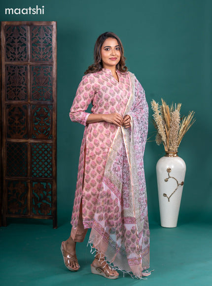 Peach Shade Kota Printed & Embroidery Work Straight Suit