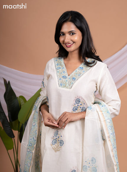 Chanderi salwar suit off white with butta prints & sequin beaded work v neck pattern and straight cut pant & printed dupatta
