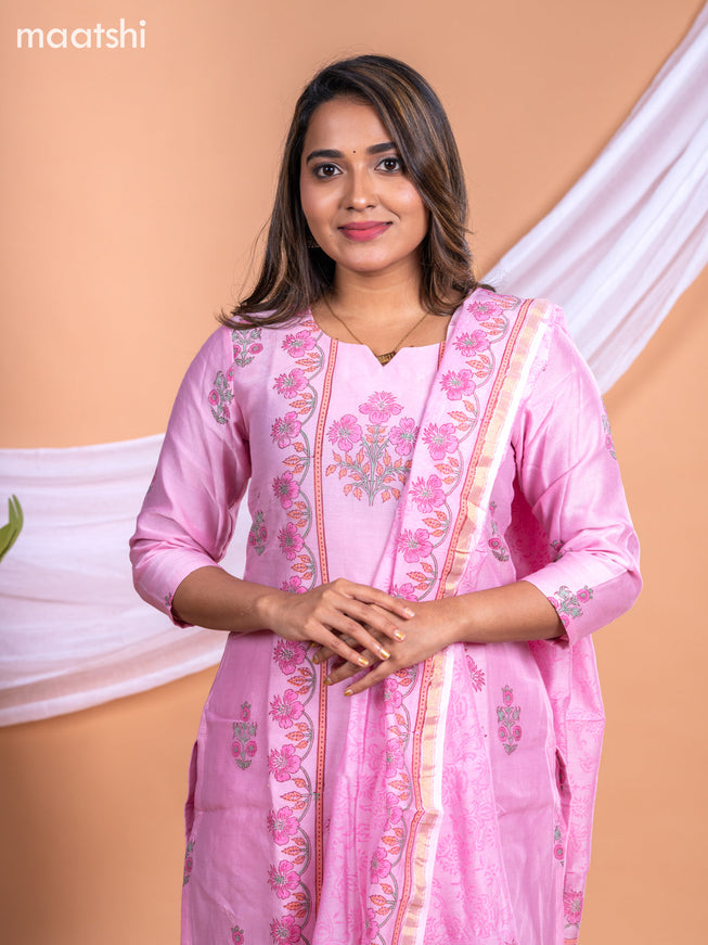 Chanderi salwar suit peach pink with floral prints & simple neck pattern and straight cut pant & printed dupatta