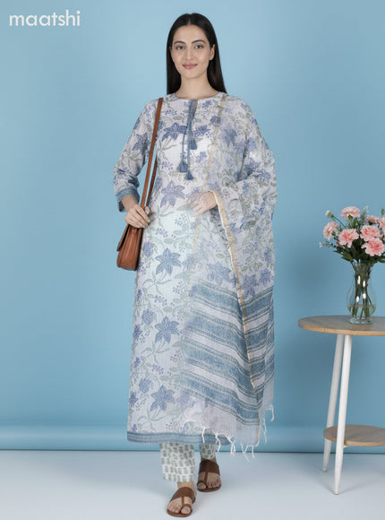 Off White and Blue Kota Floral Printed Straight Suit
