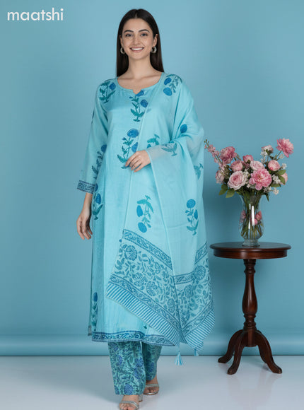 Teal Blue Muslin Floral Printed Straight Suit