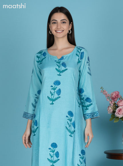 Teal Blue Muslin Floral Printed Straight Suit