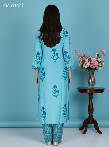 Teal Blue Muslin Floral Printed Straight Suit