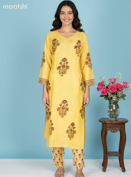 Yellow Muslin Floral Printed Straight Suit