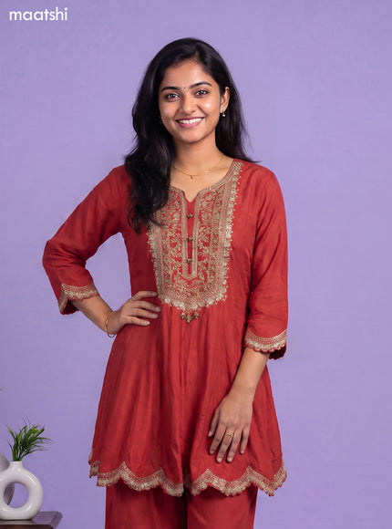 Dark Rust Art Silk Embroidery Work Short Anarkali Suit