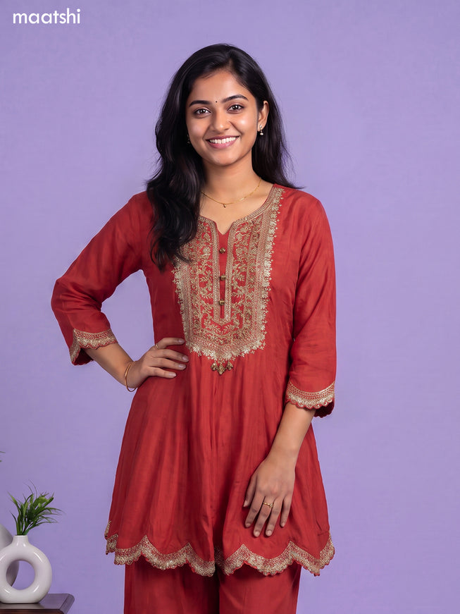 Dark Rust Art Silk Embroidery Work Short Anarkali Suit