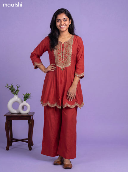 Dark Rust Art Silk Embroidery Work Short Anarkali Suit