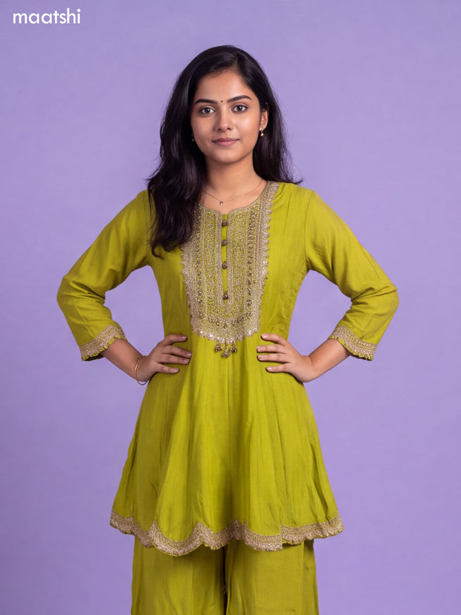 Lime Green Art Silk Embroidery Work Short Anarkali Suit