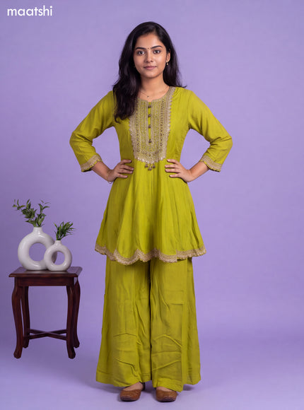 Lime Green Art Silk Embroidery Work Short Anarkali Suit