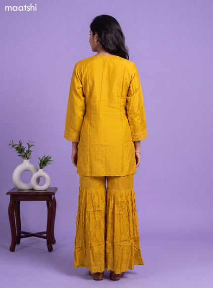 Mustard Yellow Art Silk Embroidery Work Short Straight Suit