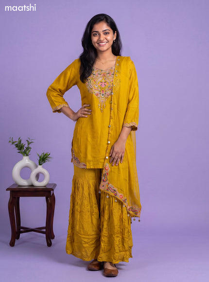 Yellow Art Silk Embroidery Work Short Straight Suit