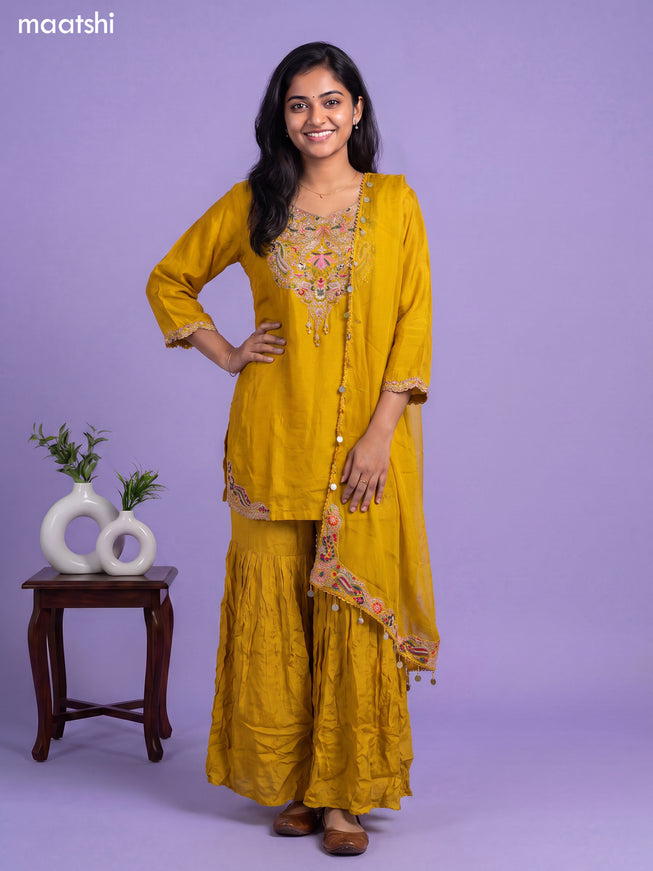 Yellow Art Silk Embroidery Work Short Straight Suit