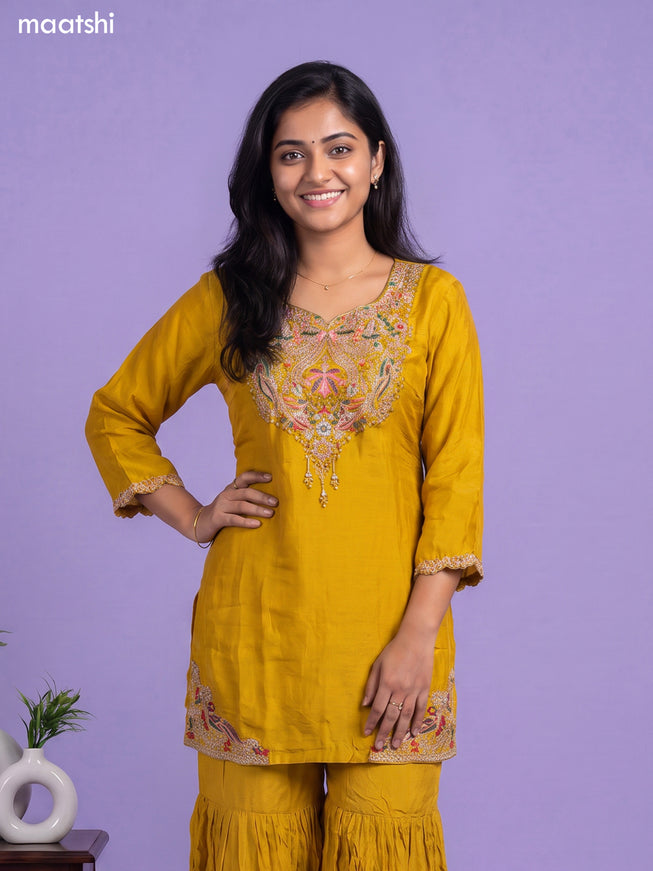 Yellow Art Silk Embroidery Work Short Straight Suit