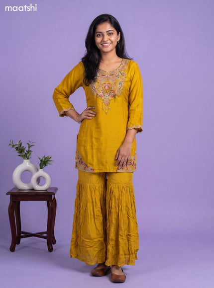 Yellow Art Silk Embroidery Work Short Straight Suit