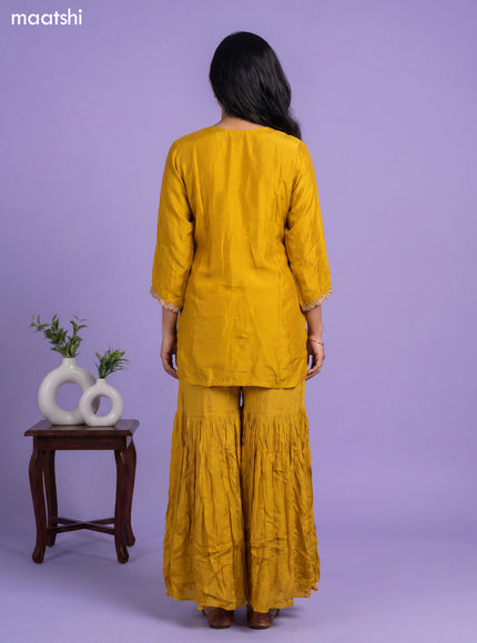 Yellow Art Silk Embroidery Work Short Straight Suit