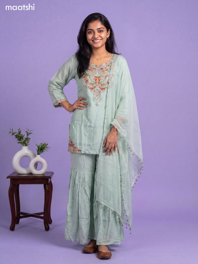 Pastel Green Art Silk Embroidery Work Short Straight Suit